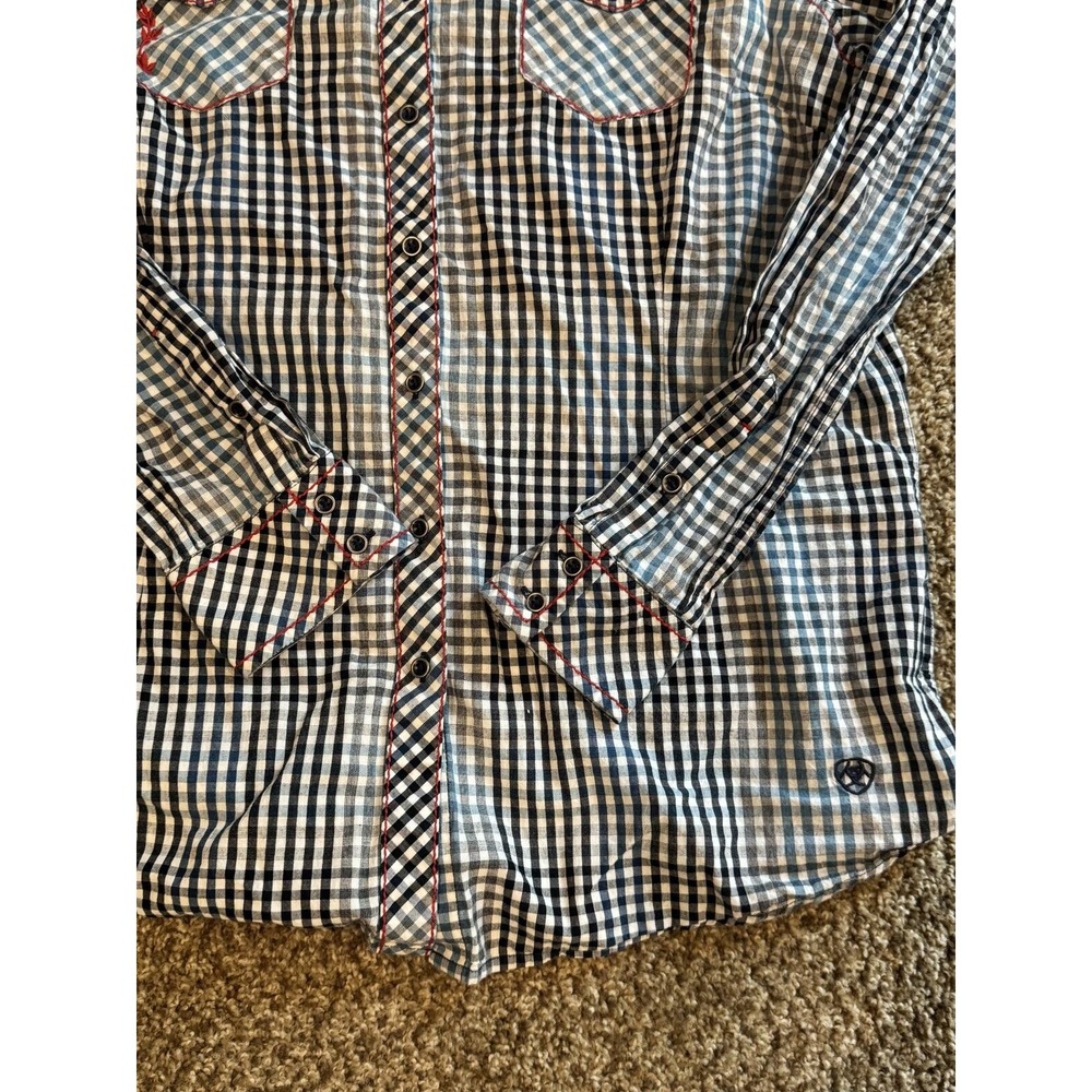 Blue Ariat Western Style Gingham Button-Up Shirt, Red Embroidered American Rose - Picture 3 of 9